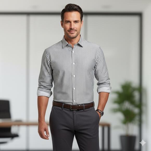 Banana Republic Mens Long Sleeve Button Up Shirt XL White Grey Striped Cotton - Picture 1 of 11